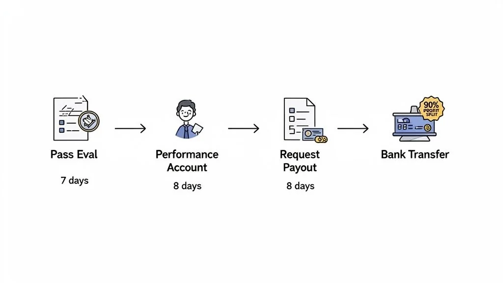 A four-step process flow for a trading program, from evaluation to bank transfer with profit split.