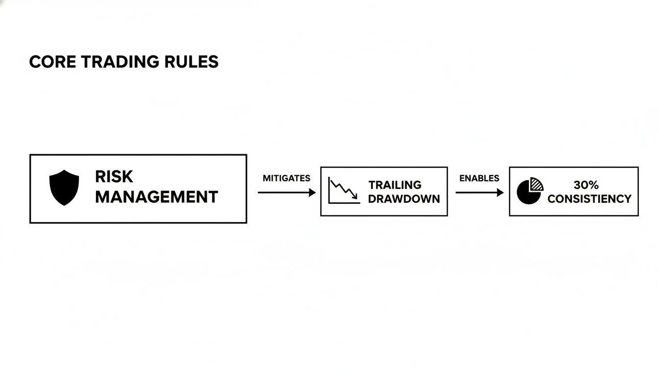 A diagram illustrating core trading rules: Risk Management mitigates Trailing Drawdown, which enables 30% Consistency.
