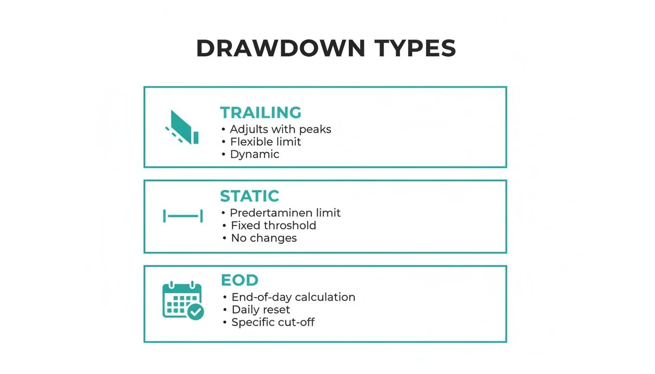 Diagram illustrating three types of drawdowns: Trailing, Static, and End-of-Day, with key characteristics listed.