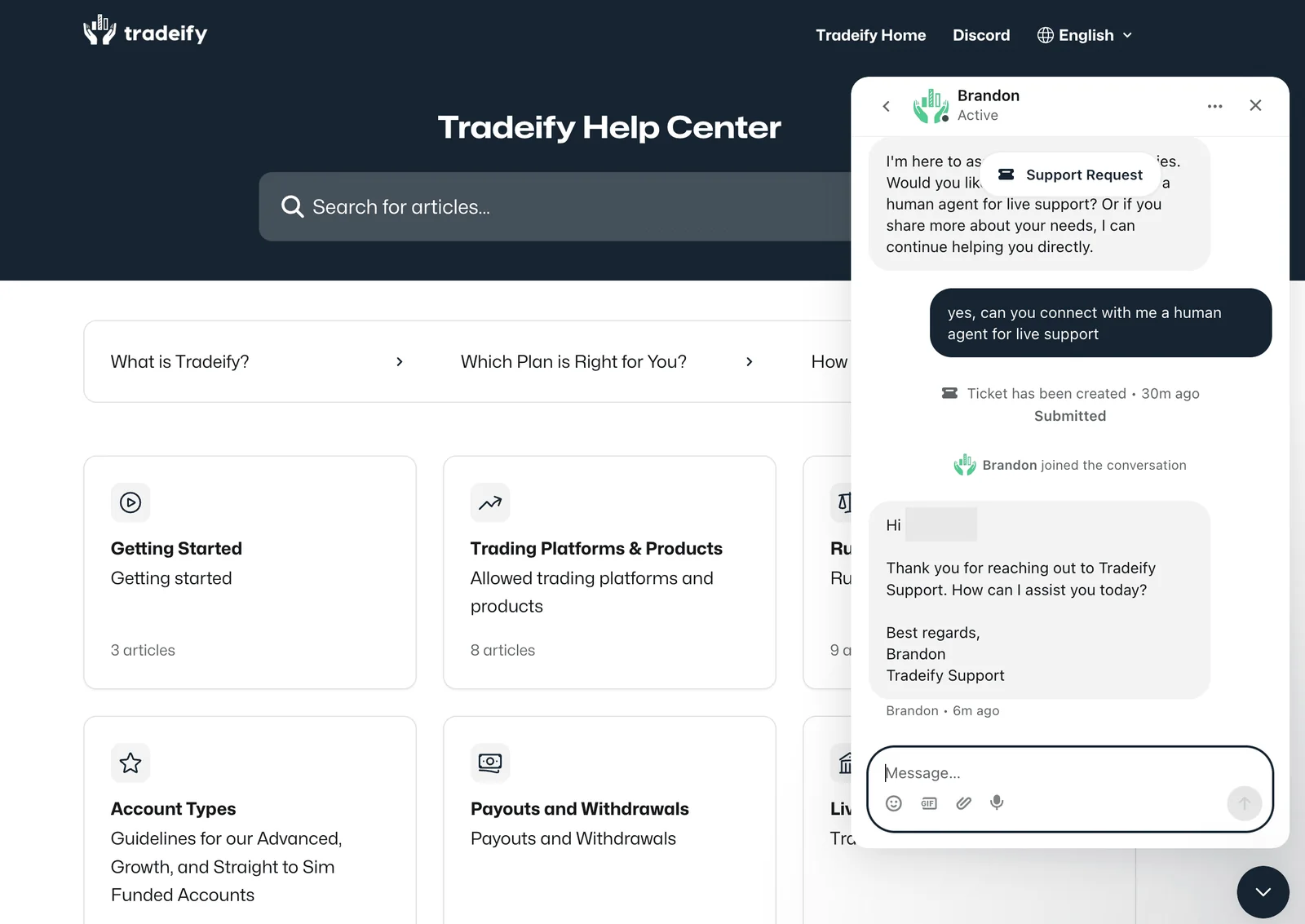 Tradeify Live Chat Support