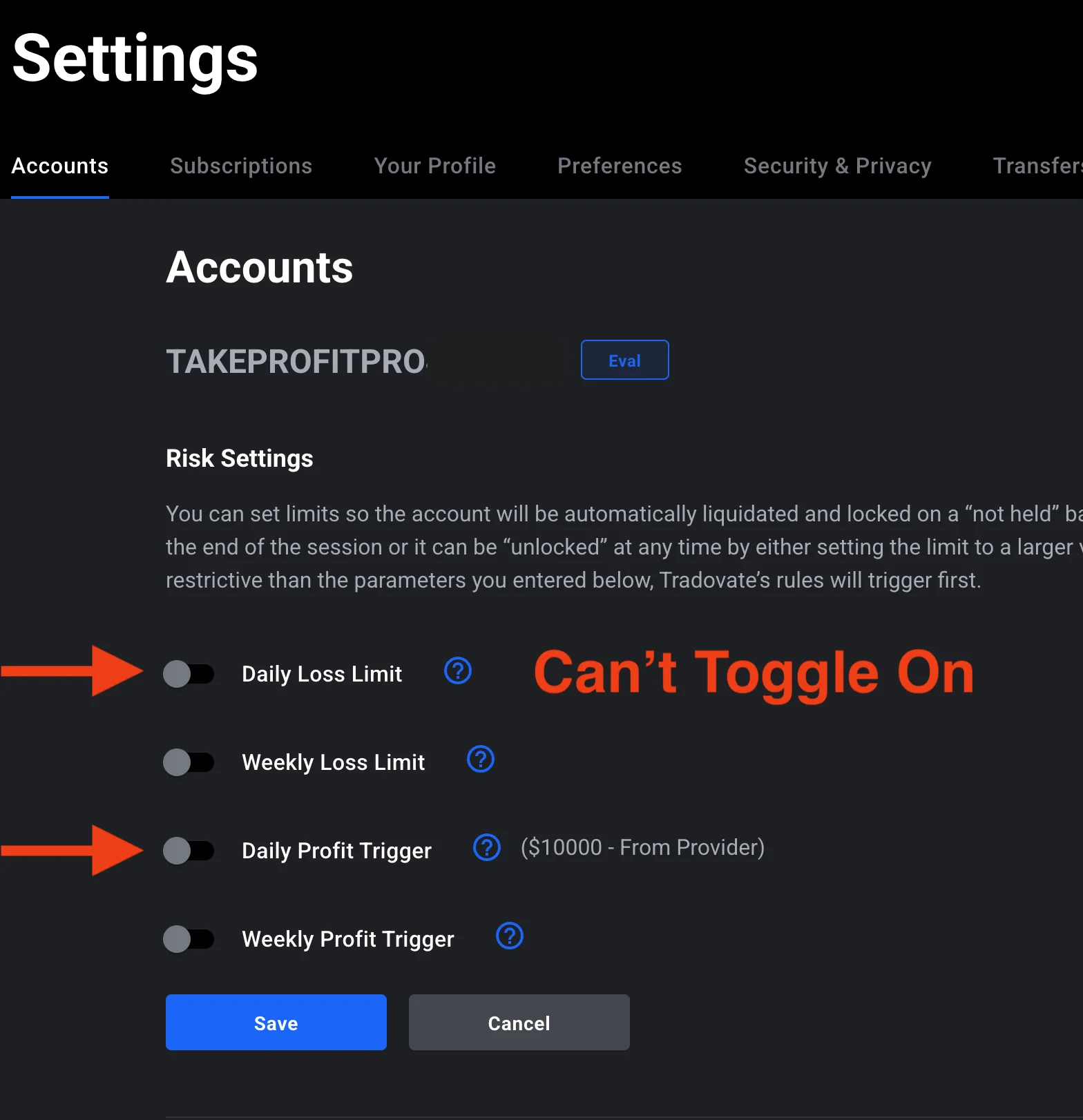 Take Profit Trader Tradovate Risk Settings