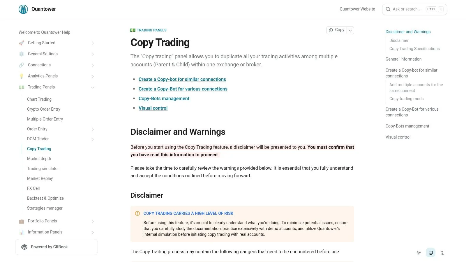Quantower Copy Trading panel — multi-connection copier inside Quantower