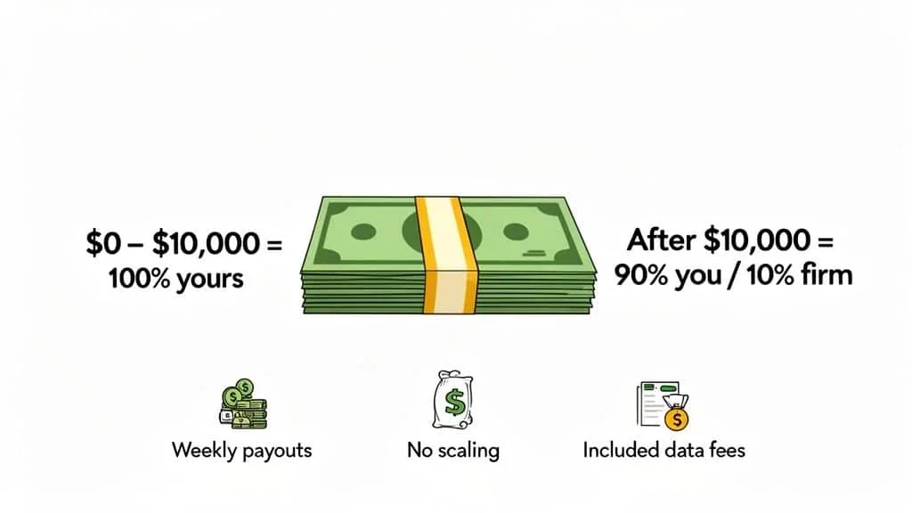 An illustration of a financial profit split model, outlining earnings distribution and benefits like weekly payouts.