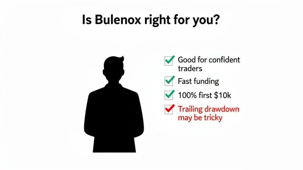 Image asking 'Is Bulenox right for you?', listing checked benefits and a tricky trailing drawdown.
