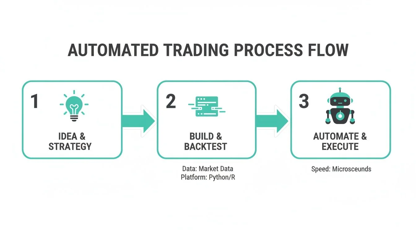 A three-step flow chart illustrating the automated trading process from strategy to execution.